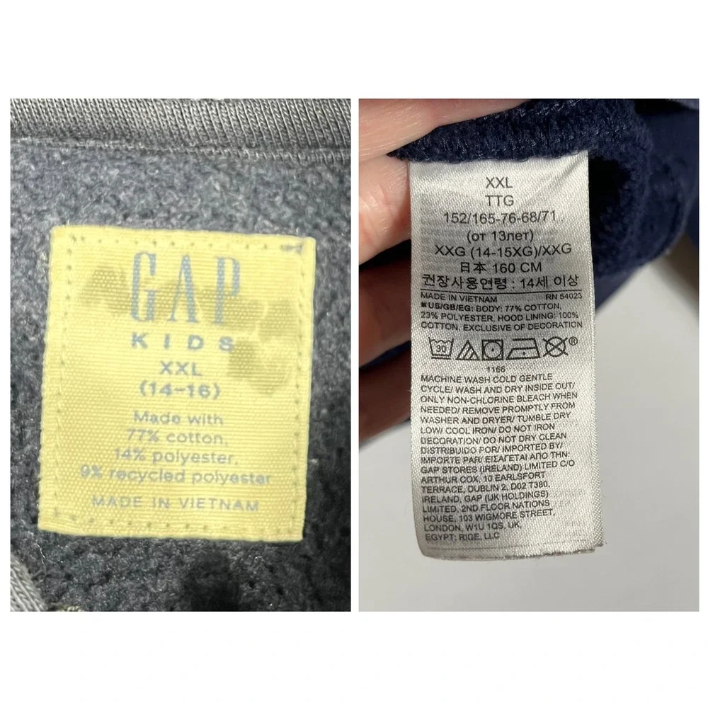 Vtg Y2K Gap Zip‎ Up Logo Hoodie Sweatshirt Kids XXL 14/16 Navy Blue Distressed